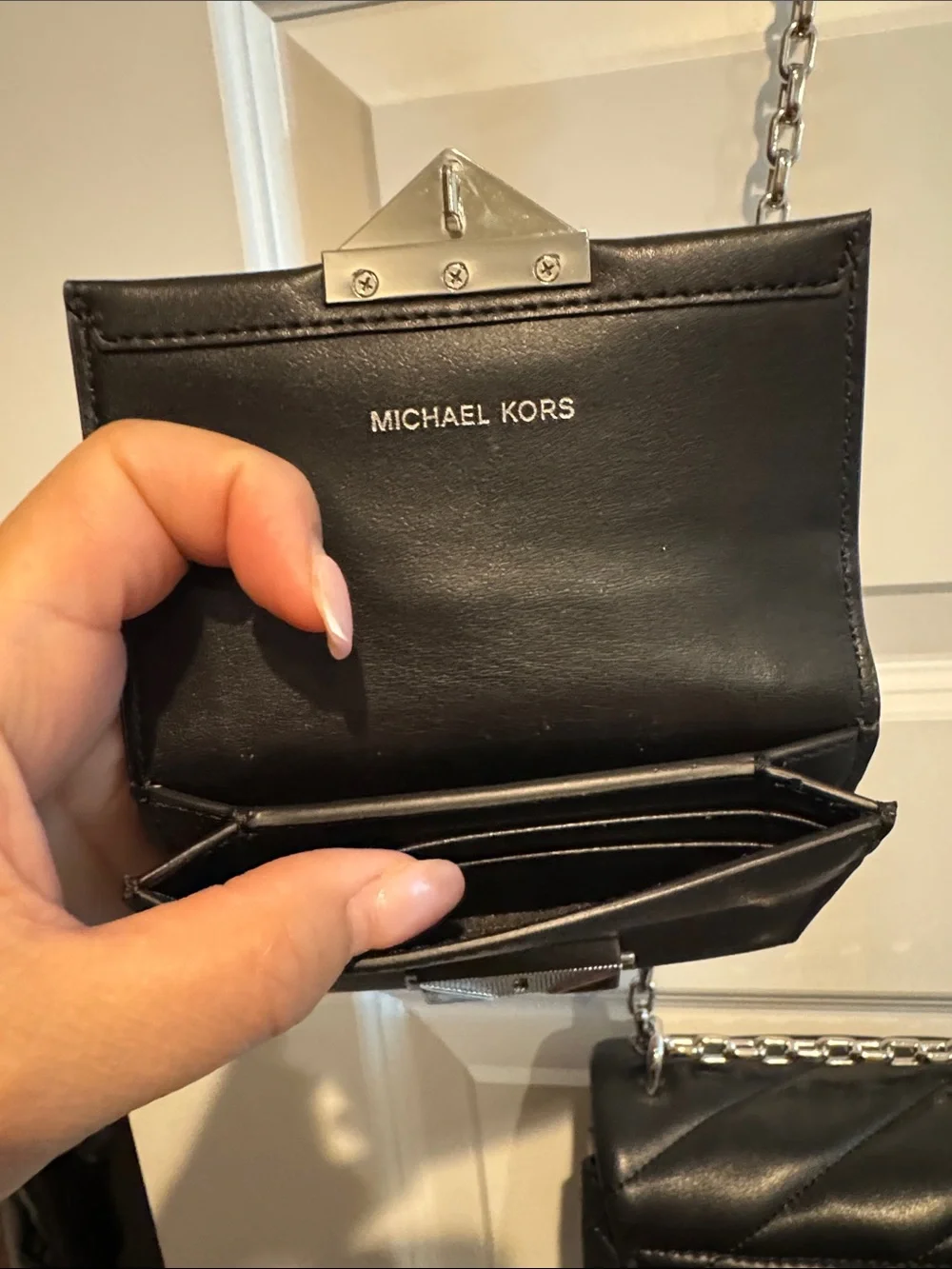 Michael Kors Black Quilted Leather Shoulder Bag with Silver Chain with wallet